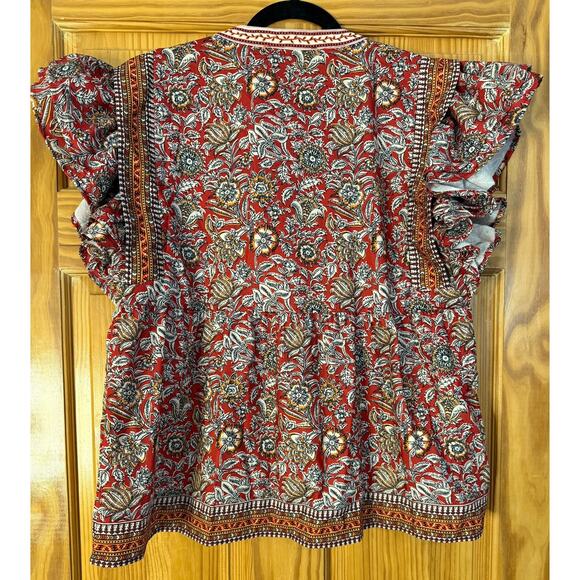 See and Be Seen Short Sleeve Top Size LG Red Print Tassels PERF for Fall - Picture 2 of 6